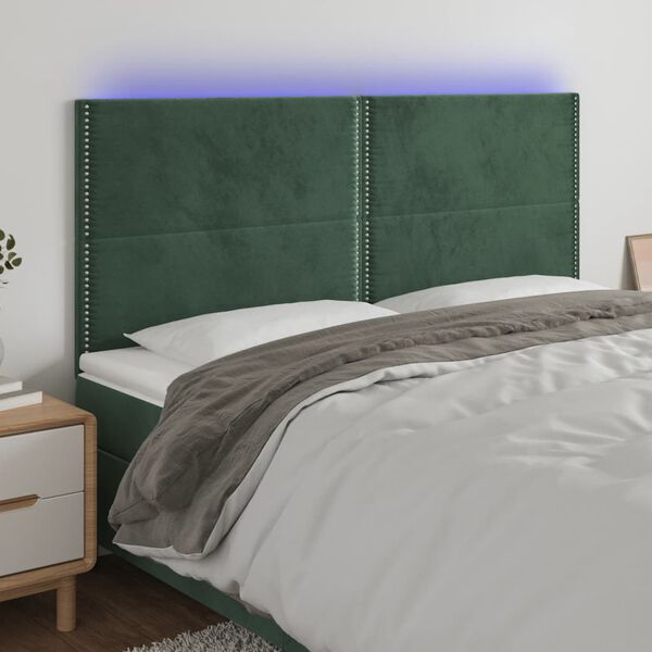 vidaXL Cabeceira de cama c/ LED veludo 200x5x118/128 cm verde-escuro