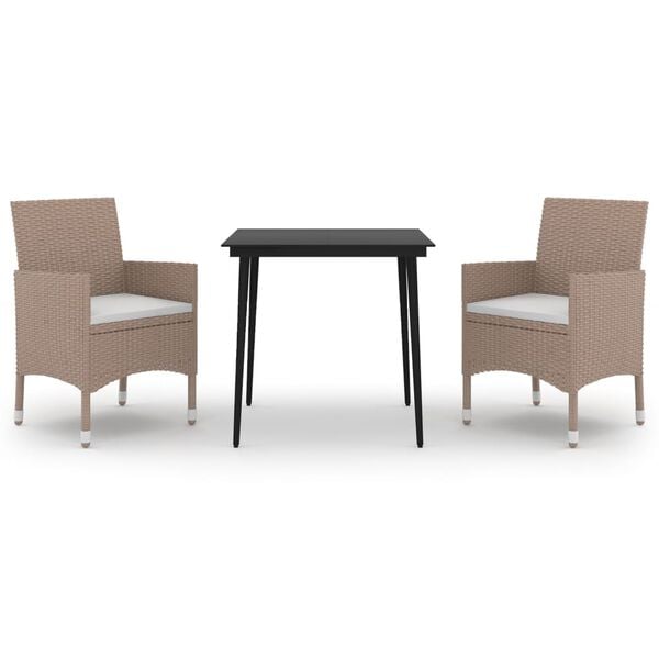 vidaXL 3 pcs conjunto de jantar p/ jardim c/almofadões vime PE e vidro