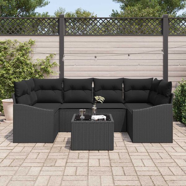 vidaXL Conjunto de Sof&aacute;s com almofada 7 pcs Preto vime PE