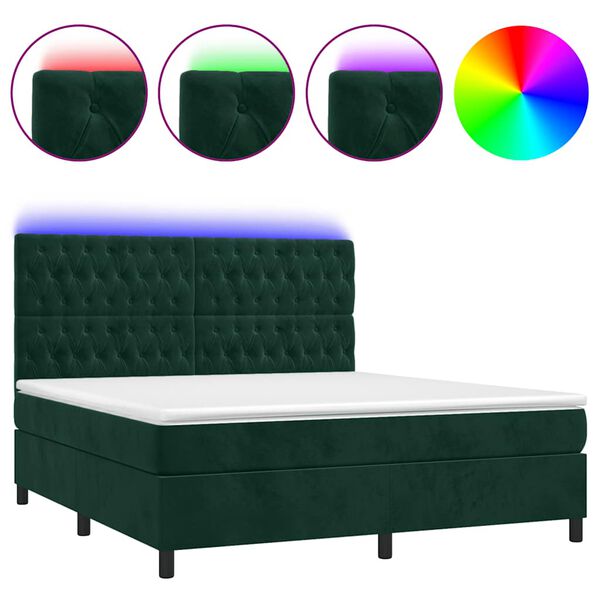 vidaXL Cama box spring c/ colch&atilde;o/LED 160x200 cm veludo verde-escuro