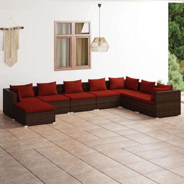 vidaXL 8 pcs conjunto lounge jardim c/ almofad&otilde;es vime PE castanho