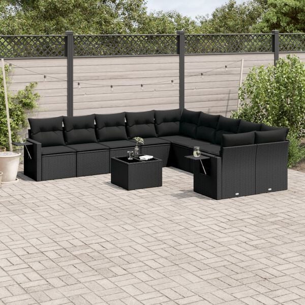 vidaXL 11 pcs conjunto sof&aacute;s de jardim c/ almofad&otilde;es vime PE preto