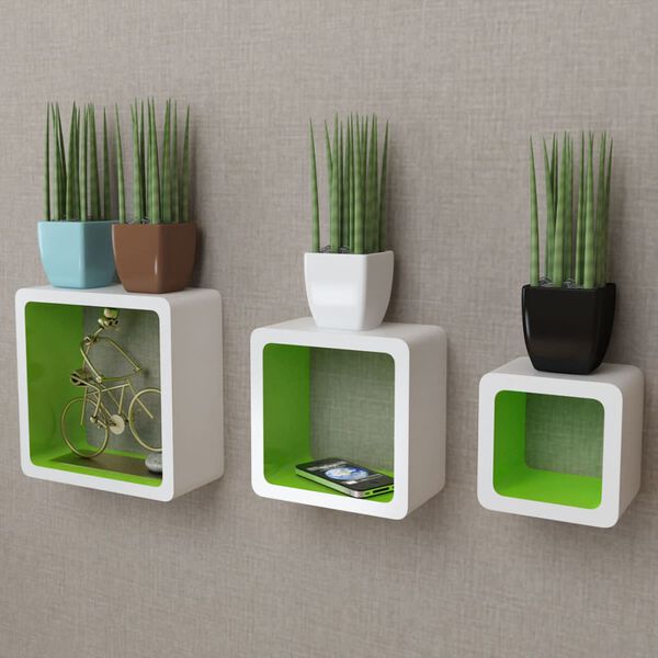 Conjunto 3 prateleiras/cubos de parede, MDF, branco-verde
