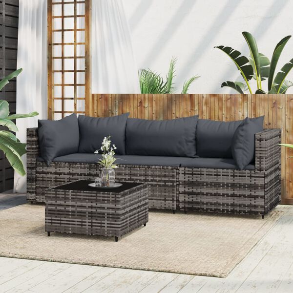 vidaXL 4 pcs conjunto lounge de jardim c/ almofadões vime PE cinzento