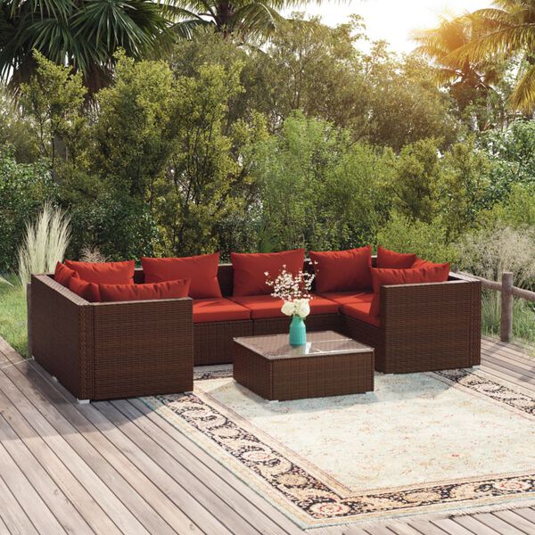 vidaXL 7 pcs conjunto lounge jardim c/ almofad&otilde;es vime PE castanho