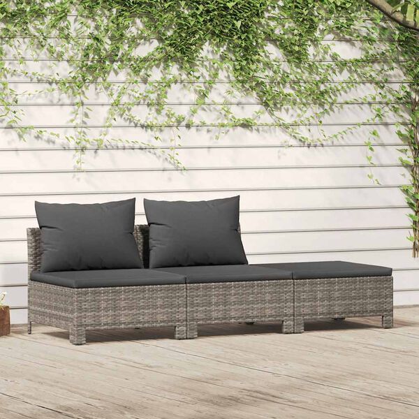 vidaXL Conjunto de lounge de jardim de 3 pe&ccedil;as com almofadas em vime sint&eacute;tico cinza