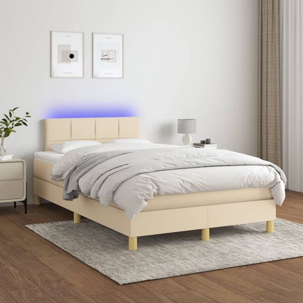 vidaXL Cama box spring c/ colch&atilde;o e LED 120x200 cm tecido cor creme