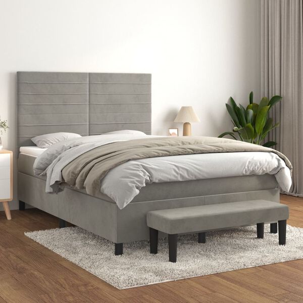 vidaXL Cama com molas/colch&atilde;o 140x200 cm veludo cinzento-claro