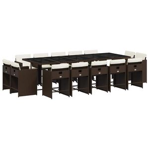 vidaXL 15 pcs conjunto jantar p/ jardim c/ almofad&otilde;es vime PE castanho