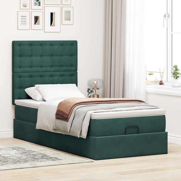 vidaXL Estrutura cama otomana colch&otilde;es 80x200cm veludo verde escuro