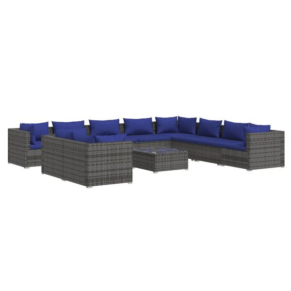 vidaXL 11 pcs conjunto lounge de jardim c/ almofad&otilde;es vime PE cinzento