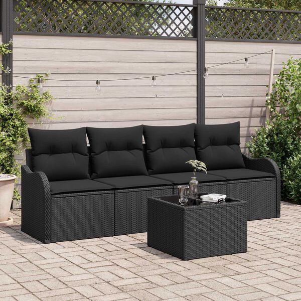 vidaXL Conjunto de Sof&aacute; de Jardim com travesseiro 5 pcs Preto vime PE