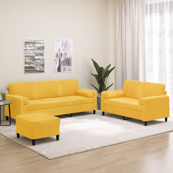 vidaXL 3 pcs conjunto sof&aacute;s c/ almofadas/almofad&otilde;es veludo amarelo