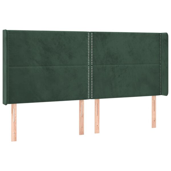 vidaXL Cabeceira de cama c/ LED veludo 203x16x118/128 cm verde-escuro