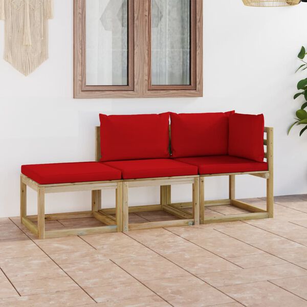vidaXL Conjunto lounge de jardim 3 pcs com almofad&otilde;es vermelhos