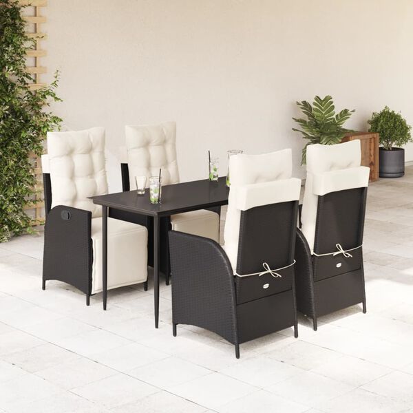 vidaXL 5 pcs conjunto de jantar p/ jardim c/ almofad&otilde;es vime PE preto