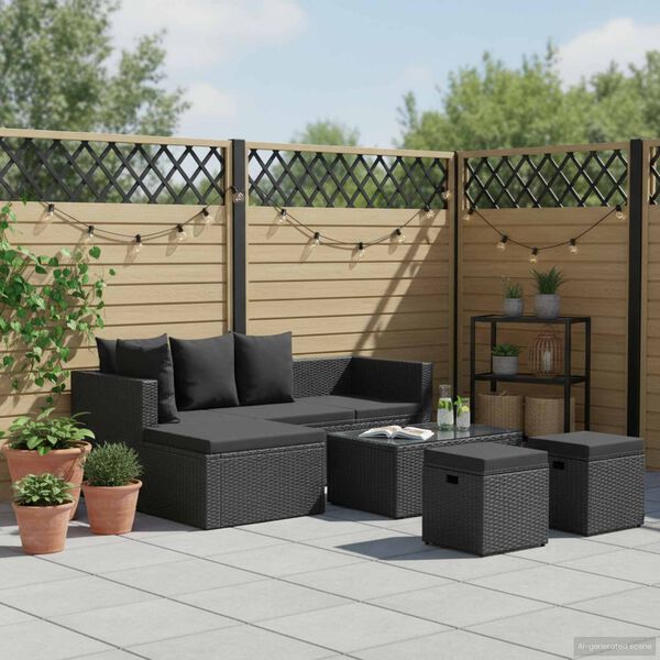 vidaXL 4 pcs conjunto lounge de jardim c/ almofadões vime PE preto