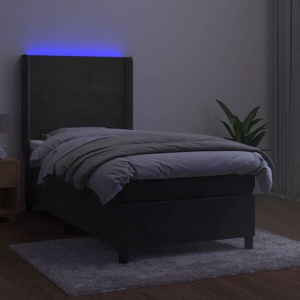 vidaXL Cama box spring c/ colch&atilde;o/LED 90x190 cm veludo cinzento-escuro