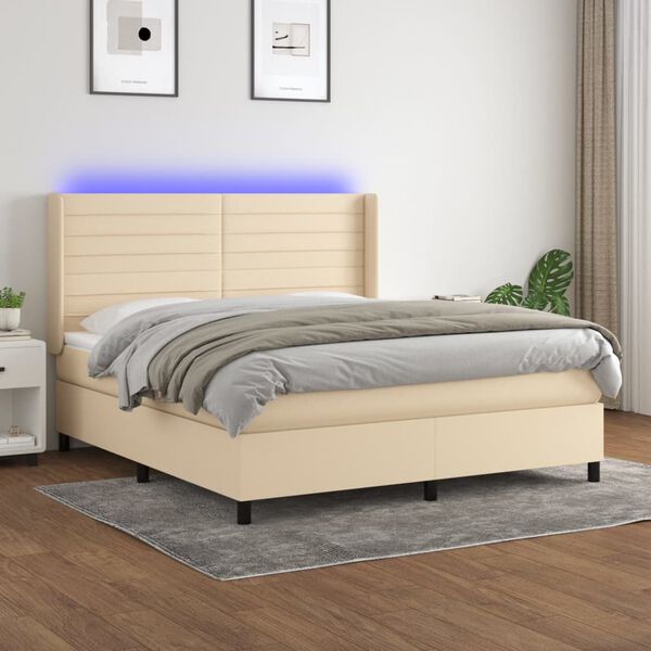 vidaXL Cama box spring c/ colch&atilde;o e LED 160x200 cm tecido cor creme