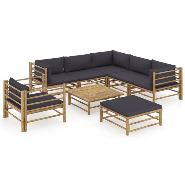 vidaXL 8 pcs conj. lounge jardim em bambu c/ almofadões cinza-escuro