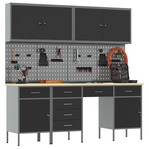 vidaXL Bancada de trabalho 10 pcs Preto 200 x 55 x 200 cm Aço