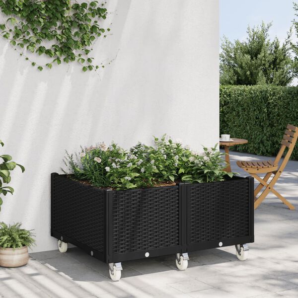 vidaXL Vaso/floreira de jardim com rodas 100x80x54 cm PP preto