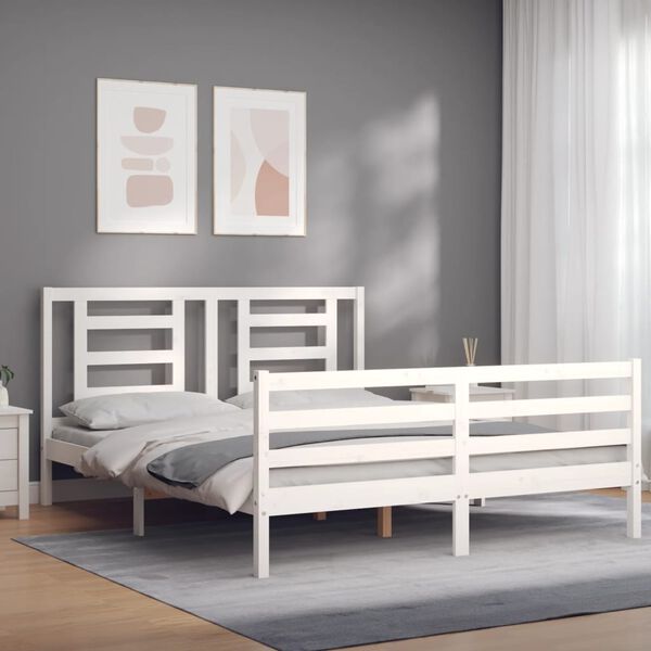 vidaXL Estrutura de cama King Size com cabeceira madeira maci&ccedil;a branco