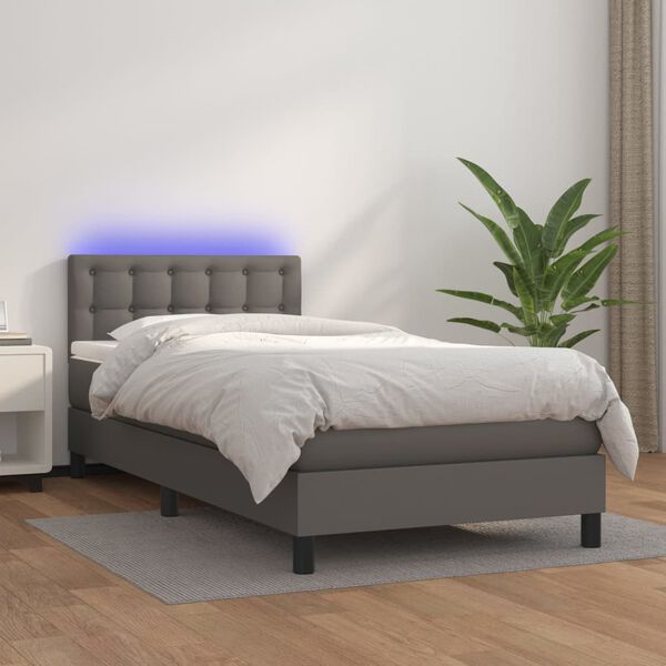 vidaXL Cama box spring c/ colchão/LED 90x190 cm couro artificial cinza
