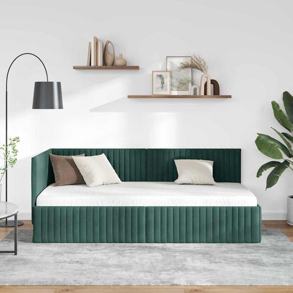 vidaXL Estrutura de Cama de Canto Verde Escuro 90 cm x 200 cm Veludo