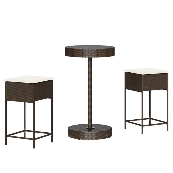 vidaXL 3 pcs conjunto de bar p/ jardim com almofad&otilde;es vime PE castanho