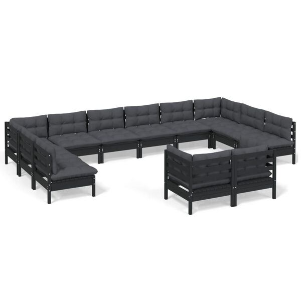 vidaXL 12 pcs conjunto lounge jardim c/ almofad&otilde;es pinho maci&ccedil;o preto