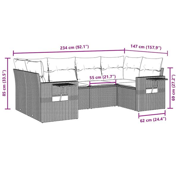 vidaXL 6 pcs conjunto de sof&aacute;s jardim c/ almofad&otilde;es vime PE castanho