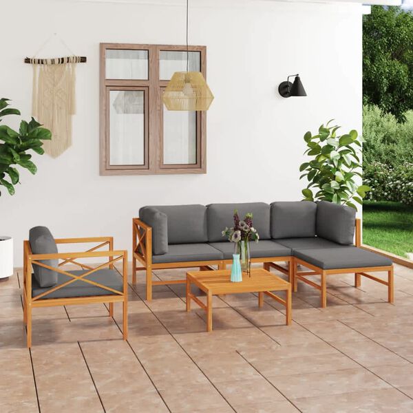 vidaXL 6 pcs conj. lounge de jardim + almofad&otilde;es cinzentos teca maci&ccedil;a