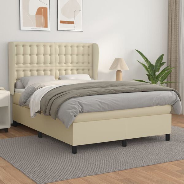 vidaXL Cama com molas/colch&atilde;o 140x200 cm couro artificial cor creme