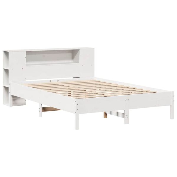 vidaXL Cama com estante sem colch&atilde;o 140x190 cm pinho maci&ccedil;o branco