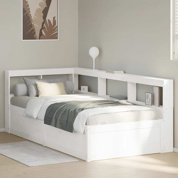vidaXL Cama com estante sem colch&atilde;o 90x200 cm pinho maci&ccedil;o branco