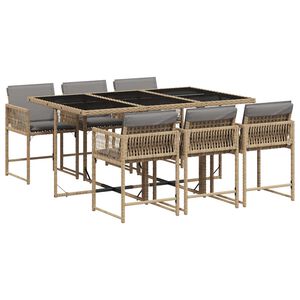 vidaXL 7 pcs conj. jantar jardim c/ almofad&otilde;es vime PE bege misturado