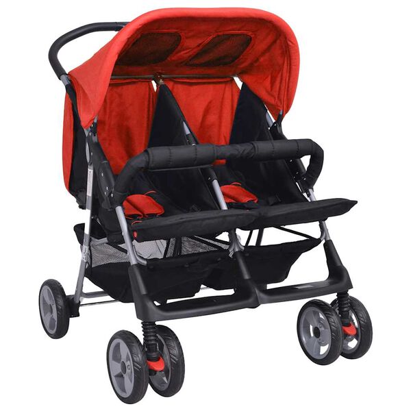 vidaXL Carrinho de beb&eacute; para g&eacute;meos, a&ccedil;o vermelho e preto