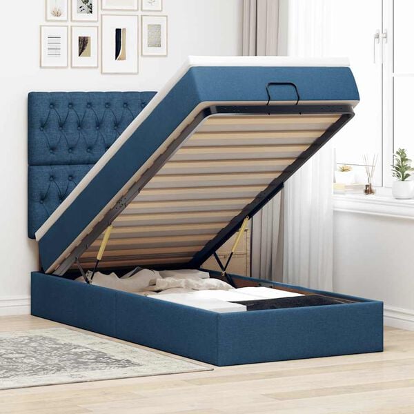 vidaXL Cama otomana com colch&atilde;o 90x200 cm tecido azul