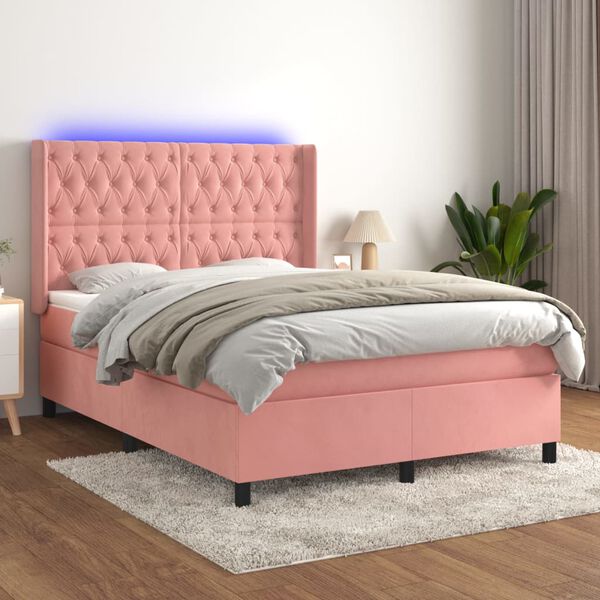 vidaXL Cama box spring c/ colch&atilde;o/LED 140x190 cm veludo rosa
