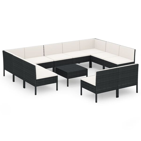 vidaXL 12 pcs conjunto lounge de jardim c/ almofad&otilde;es vime PE preto