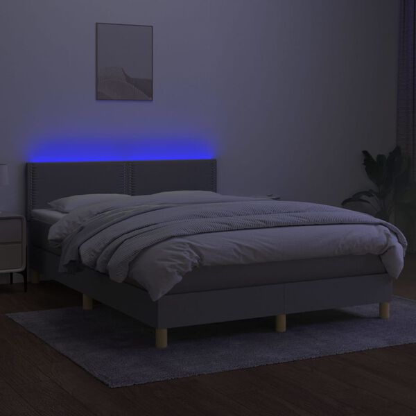 vidaXL Cama box spring c/ colch&atilde;o e LED 140x190 cm tecido cinza-claro