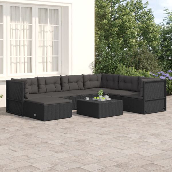 vidaXL 7 pcs conjunto lounge de jardim c/ almofad&otilde;es vime PE preto
