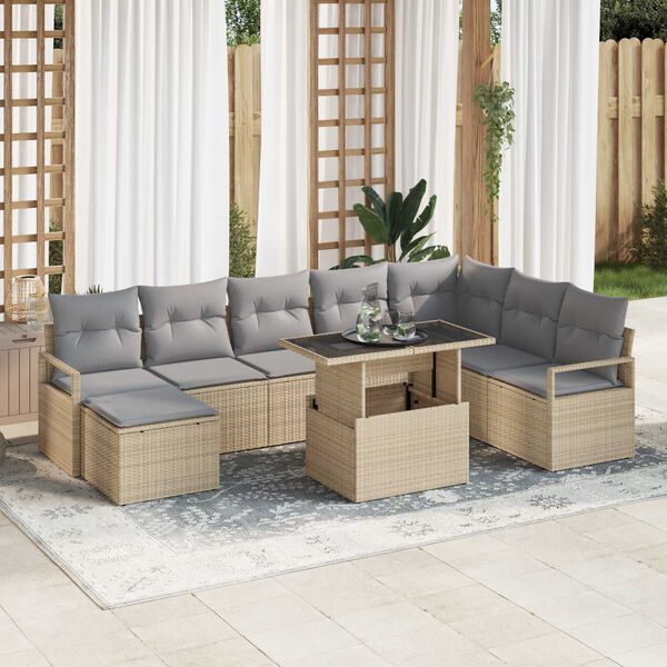 vidaXL Conjunto de Sof&aacute; de Jardim 9 pcs Bege Rattan Sint&eacute;tico