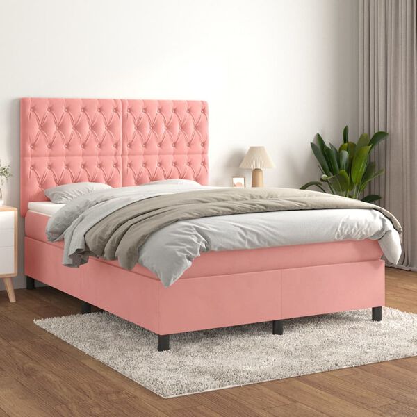 vidaXL Cama com molas/colch&atilde;o 140x190 cm veludo rosa