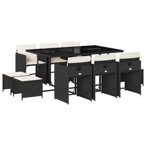 vidaXL 11 pcs conjunto de jantar p/ jardim c/ almofad&otilde;es vime PE preto