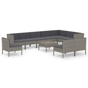vidaXL 11 pcs conjunto lounge de jardim c/ almofad&otilde;es vime PE cinzento