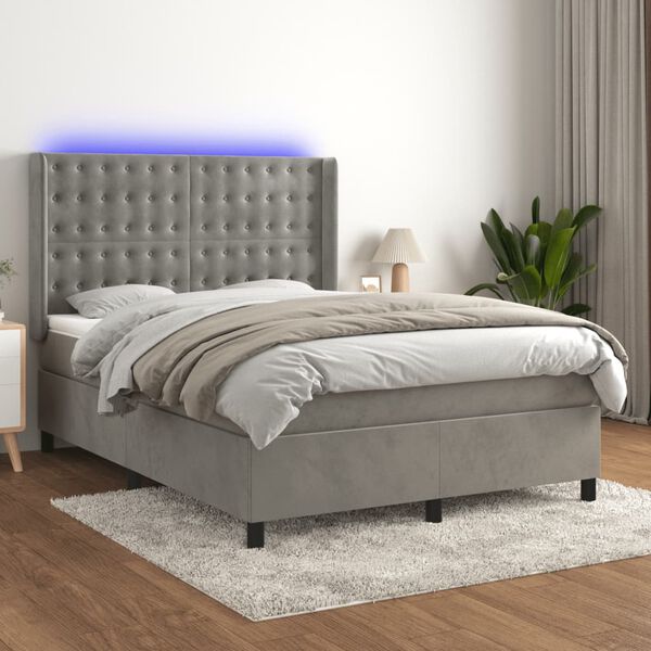 vidaXL Cama box spring c/ colch&atilde;o/LED 140x200 cm veludo cinzento-claro