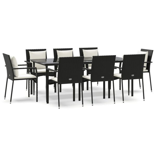 vidaXL 9 pcs conjunto de jantar p/ jardim c/ almofad&otilde;es vime PE preto
