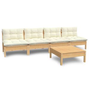 vidaXL 5 pcs conjunto lounge jardim c/ almofad&otilde;es cor creme pinho
